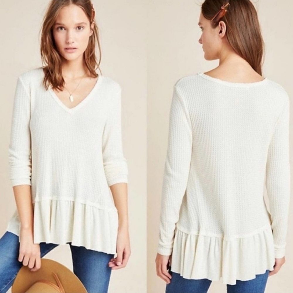 ANTHROPOLOGIE Eri + Ali Tallie Peplum Waffle Knit Thermal V-Neck Top -‎ Medium